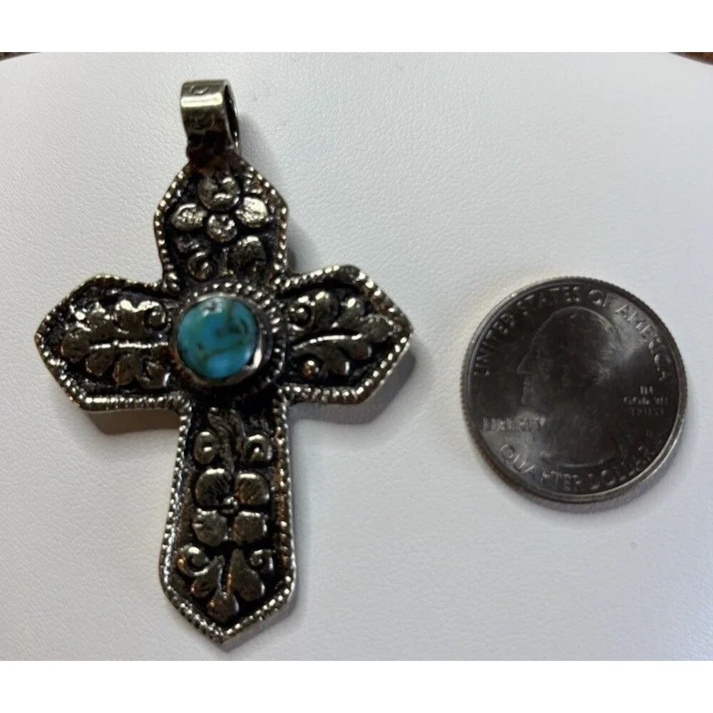 German Silver Cross Pendant Turquoise Cabochon Nepal Tibetan Floral Scroll